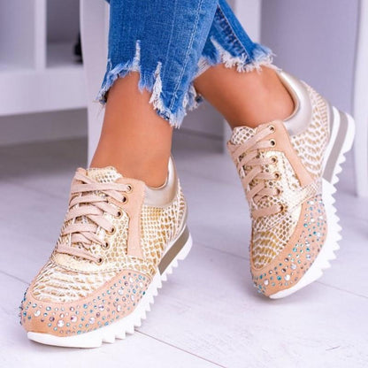 Women's Fashion Sneakers - Embossed Textured Design - Rhinestone Studded Toe - Lace-Up Casual Wear