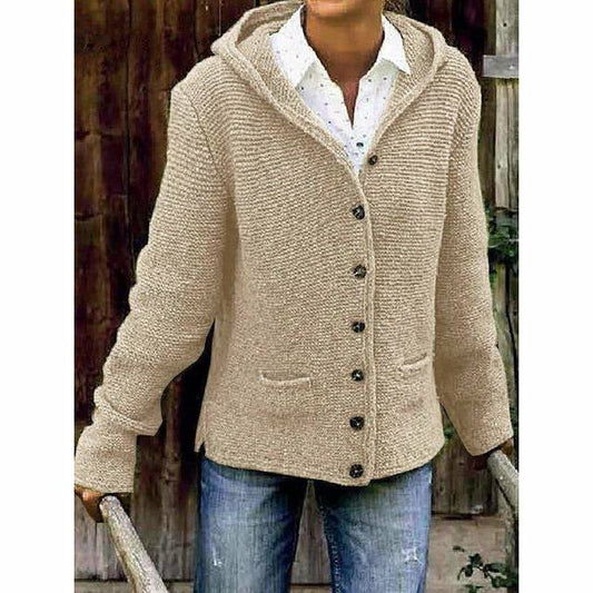 Relaxed Fit Hooded Knit Button Front Cardigan 