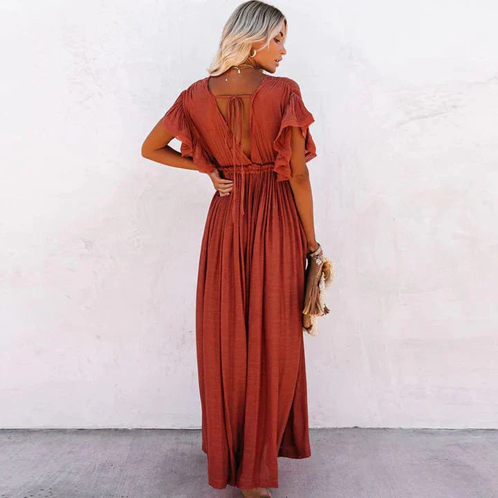Women’s Maxi Dress - Flowy Lightweight Design - V-Neck with Button Detail