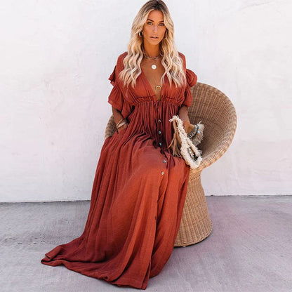 Women’s Maxi Dress - Flowy Lightweight Design - V-Neck with Button Detail