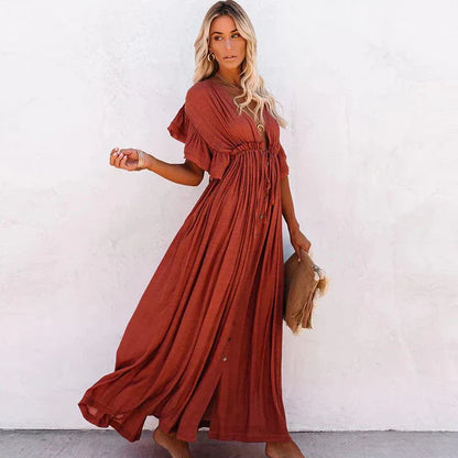 Women’s Maxi Dress - Flowy Lightweight Design - V-Neck with Button Detail