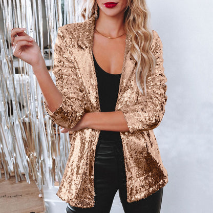 Sequin blazer with lapel collar for women