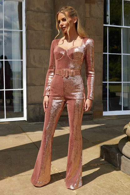 Women's Jumpsuit - Fitted Corset Style - Long Sleeve - Sequined Flare Leg Party Wear