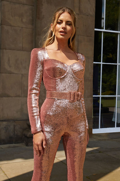 Women's Jumpsuit - Fitted Corset Style - Long Sleeve - Sequined Flare Leg Party Wear
