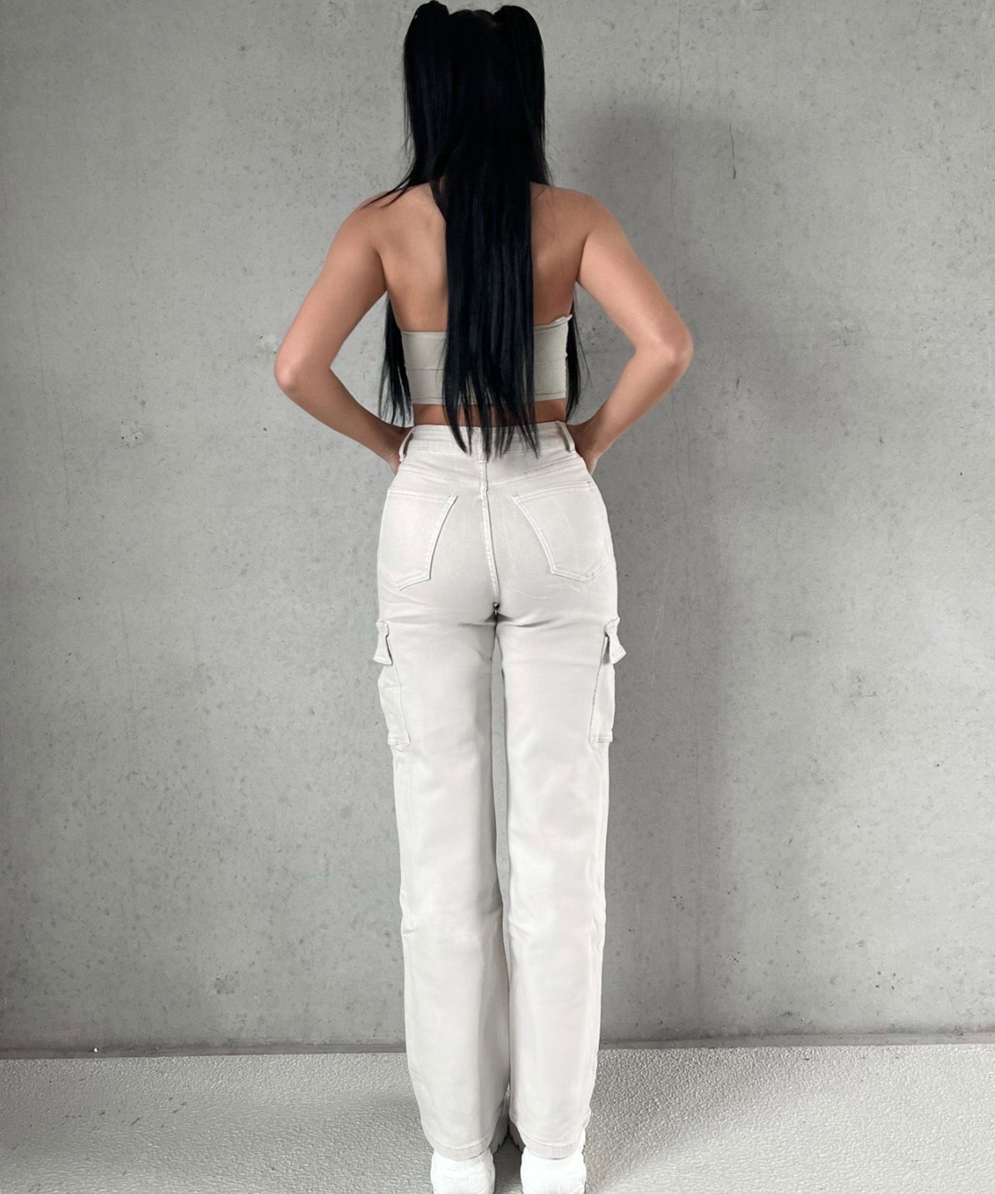 Women's cream washed denim overalls straight pants