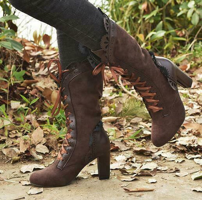 Women's faux leather lace-up block heel boots