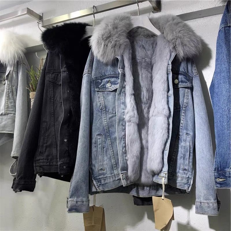 Women's casual fur hooded denim jacket