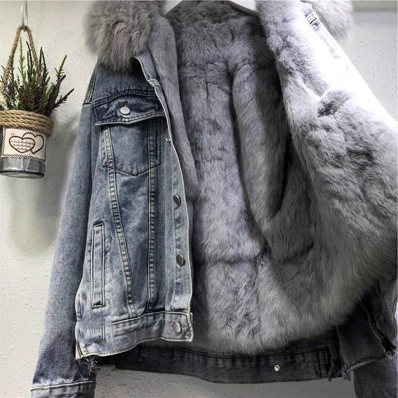 Women's casual fur hooded denim jacket