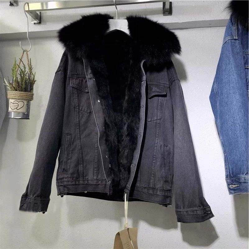 Women's casual fur hooded denim jacket