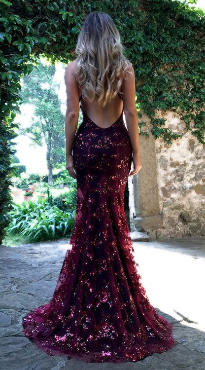 Women's Evening Gown - Sequin Embellished - V-Neck Mermaid Silhouette - Formal Wear
