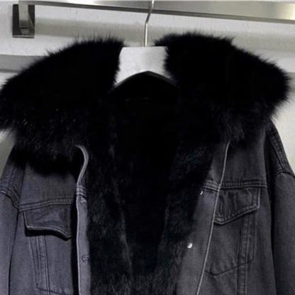 Women's casual fur hooded denim jacket