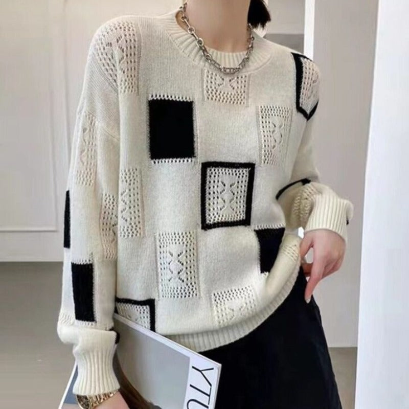 Women's color block plaid retro mohair crew neck sweater top