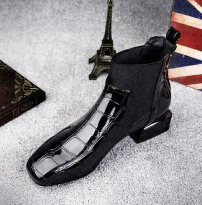 Women's patent leather booties with side zipper