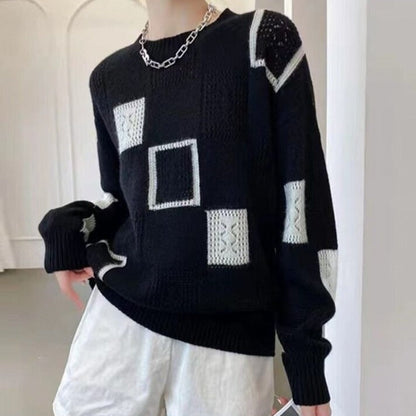 Women's color block plaid retro mohair crew neck sweater top