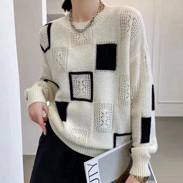 Women's color block plaid retro mohair crew neck sweater top