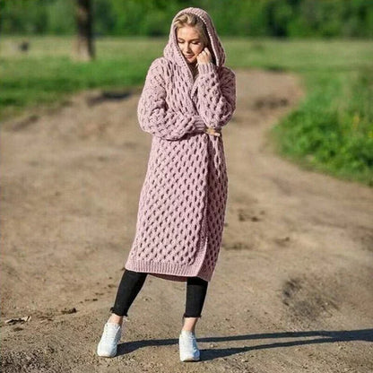 Women’s Hooded Cardigan – Chunky Knit – Relaxed Fit – Cable Pattern – Long Length