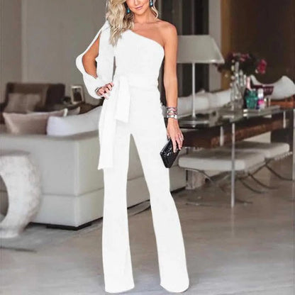 Women's One-Shoulder Jumpsuit - Belted Waist - Wide-Leg Elegant Party Wear