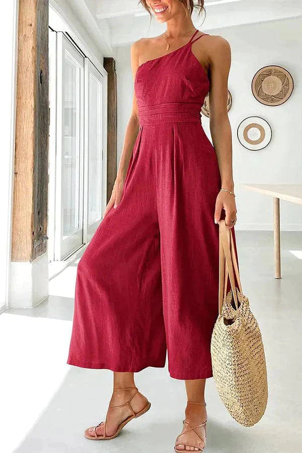 Women’s Jumpsuit – One Shoulder – Fitted Waist – Cropped Wide Leg – Lightweight Fabric