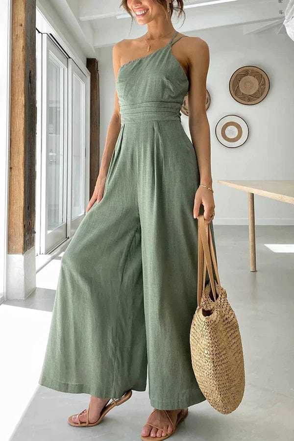Women’s Jumpsuit – One Shoulder – Fitted Waist – Cropped Wide Leg – Lightweight Fabric