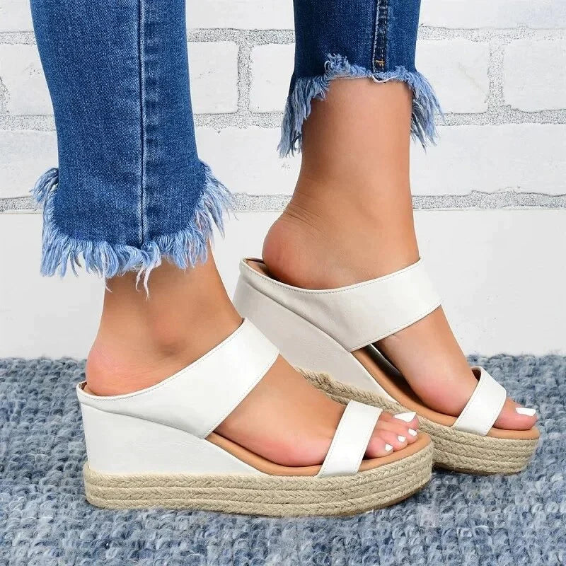 Women's Wedge Sandals - Denim Straps - Espadrille Jute Heel - Ankle Strap Comfort