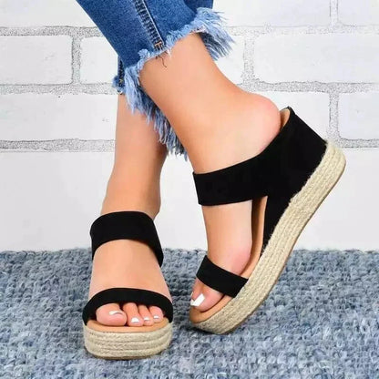 Women's Wedge Sandals - Denim Straps - Espadrille Jute Heel - Ankle Strap Comfort