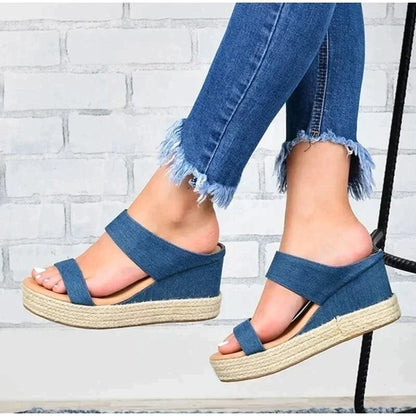 Women's Wedge Sandals - Denim Straps - Espadrille Jute Heel - Ankle Strap Comfort