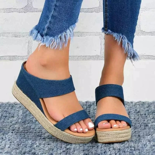 Denim Strap Espadrille Wedge Heel Sandals