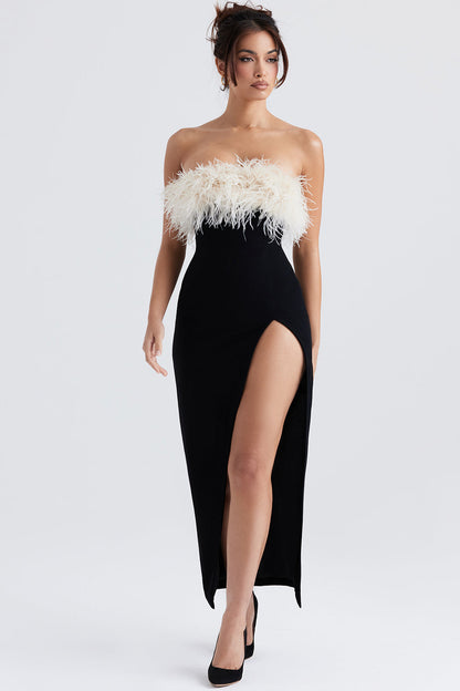 Women’s Evening Dress – Strapless Satin – Feather Trim – Fitted Full-Length Split