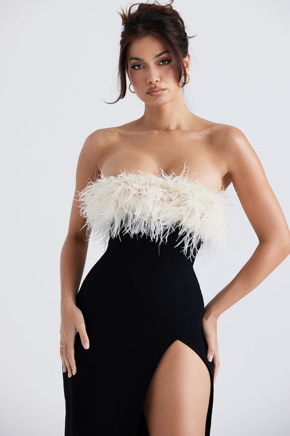 Women’s Evening Dress – Strapless Satin – Feather Trim – Fitted Full-Length Split