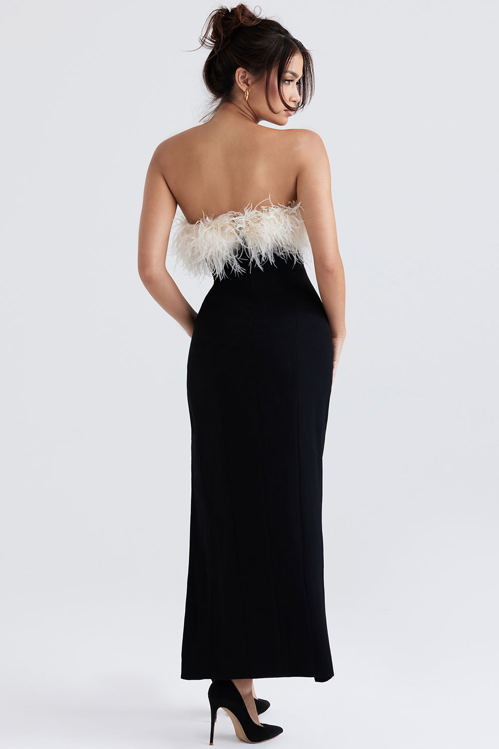 Women’s Evening Dress – Strapless Satin – Feather Trim – Fitted Full-Length Split