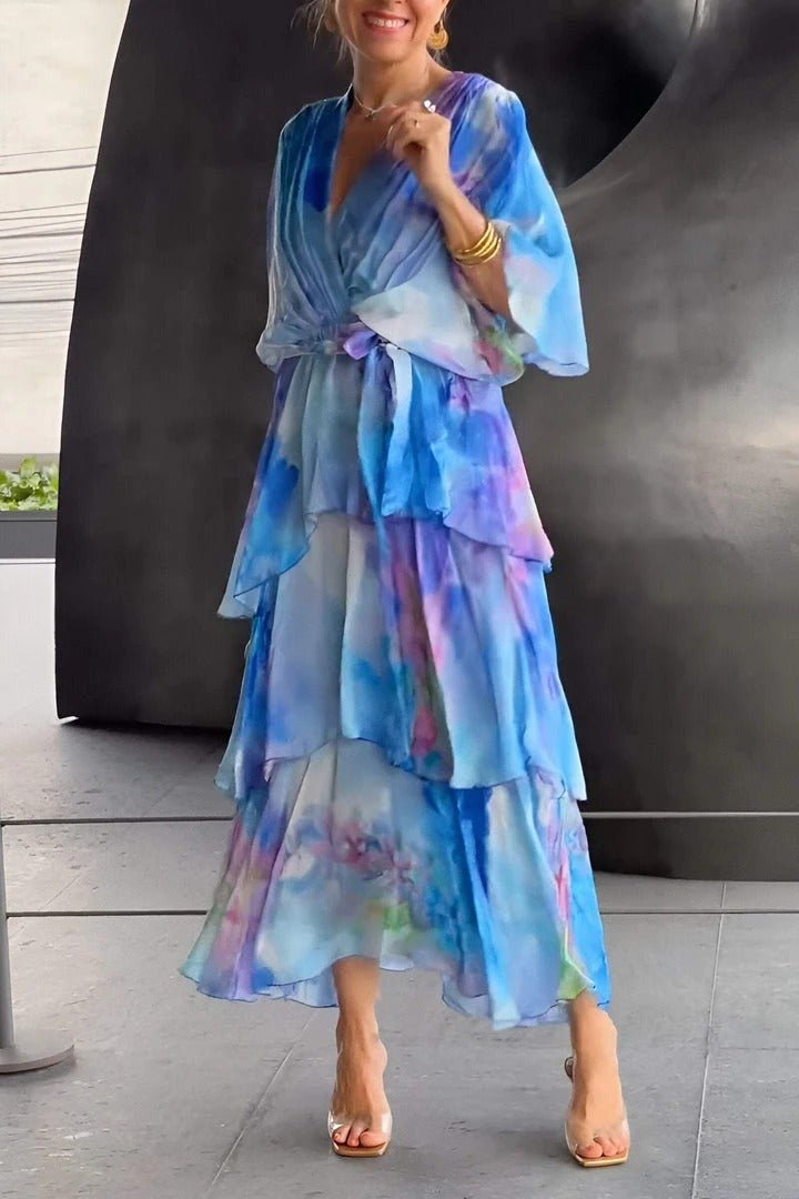 Chiffon Wrap Ruffle Sleeve Maxi Dress