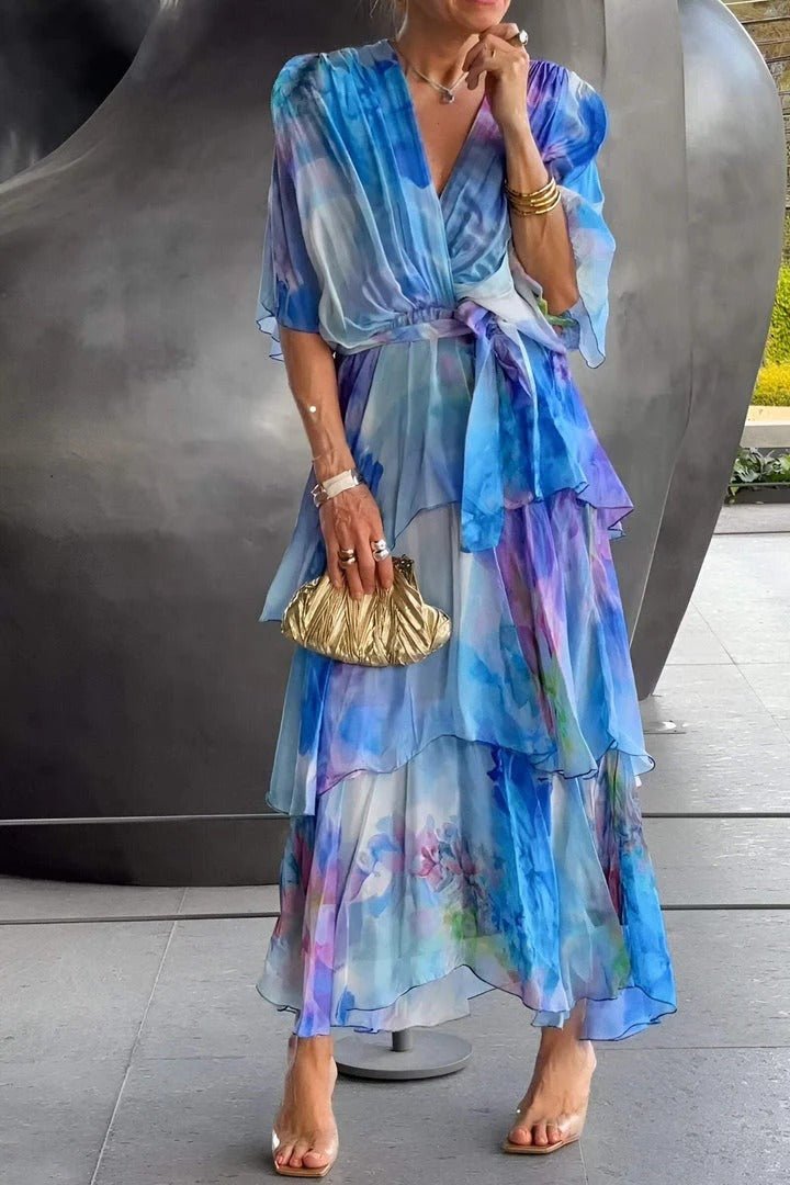 Chiffon Wrap Ruffle Sleeve Maxi Dress