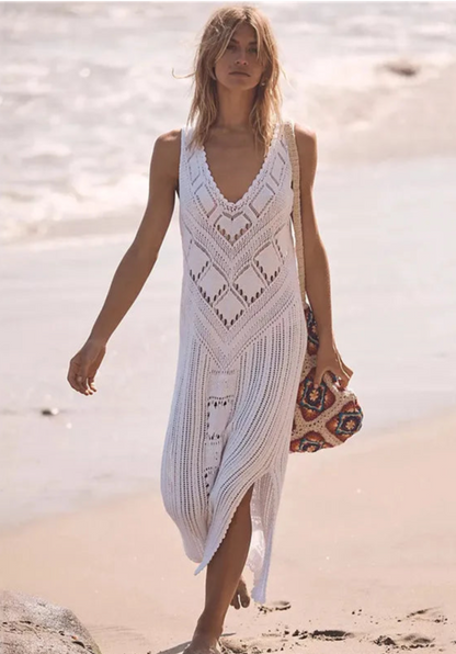 Women’s Mesh Dress – Relaxed Fit – Midi Length – V-Neck – Geometric Knit – Side Slit