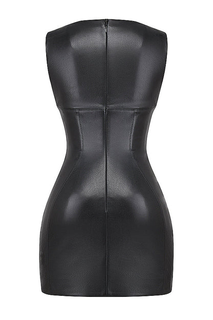 Women's Mini Dress - Sleeveless Faux Leather - Bodycon Fit - High Neck Elegant Night Out