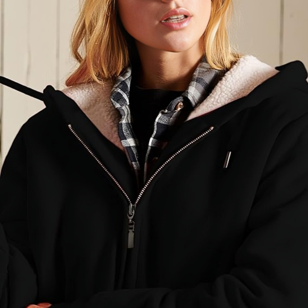 Warm lined hooded jacket for women with zip closure