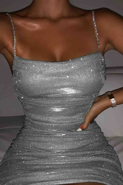 Women's Bodycon Mini Dress - Ruched Shimmer Fabric - Sleeveless Spaghetti Straps