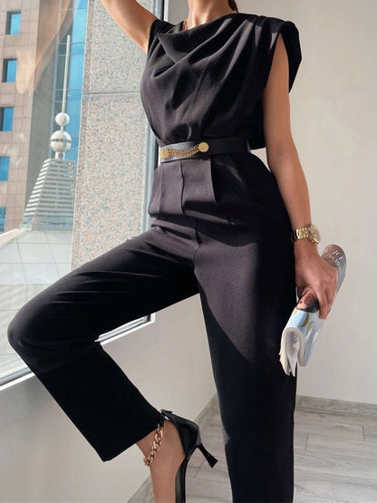 Women's Sleeveless Jumpsuit - Wrap V-Neck - Waist Tie - Slim Fit Elegant Design
