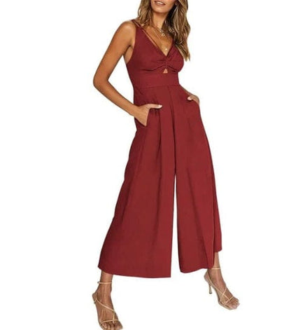 Women's Sleeveless Jumpsuit - V-Neck Knot Front - Wide-Leg Cropped Fit - With Pockets