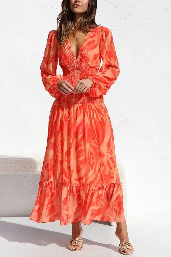Women's Maxi Dress - V-Neckline - Long Sleeve Smocked Waist - Flowy Elegant Fit