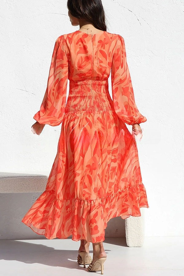 Women's Maxi Dress - V-Neckline - Long Sleeve Smocked Waist - Flowy Elegant Fit