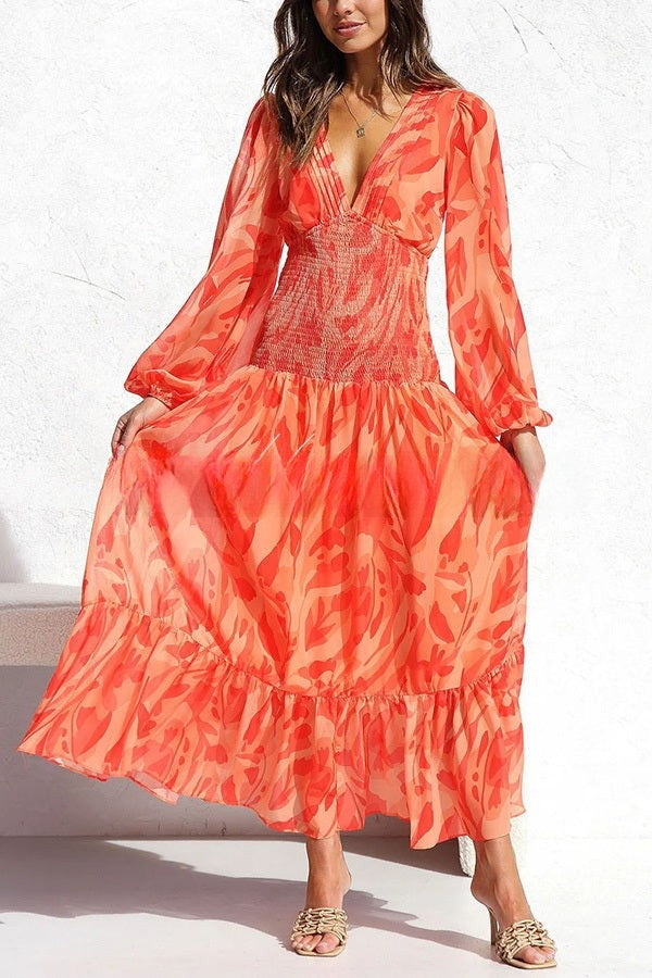 Women's Maxi Dress - V-Neckline - Long Sleeve Smocked Waist - Flowy Elegant Fit
