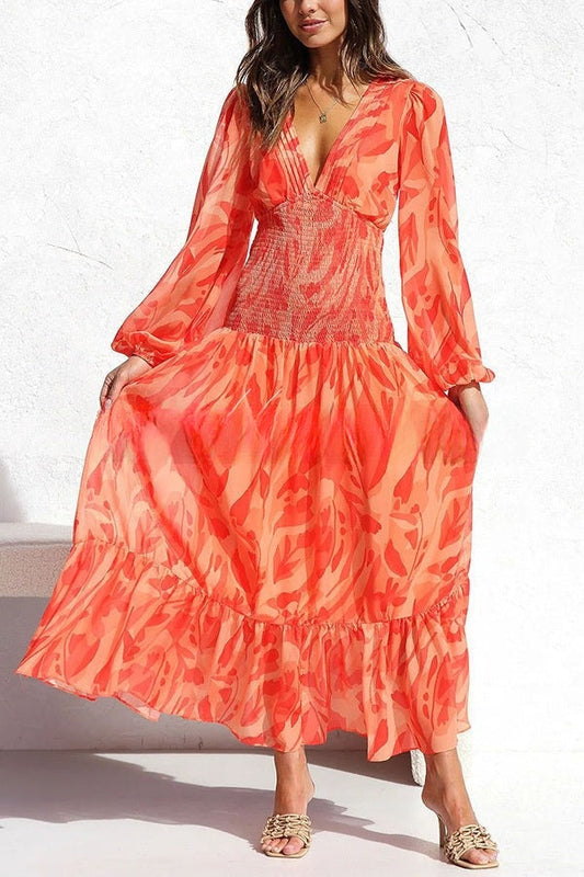Flowy Smocked Waist V-Neck Maxi Dress