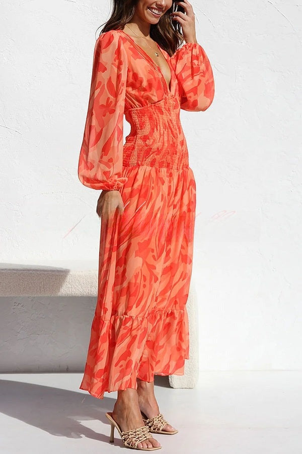 Women's Maxi Dress - V-Neckline - Long Sleeve Smocked Waist - Flowy Elegant Fit