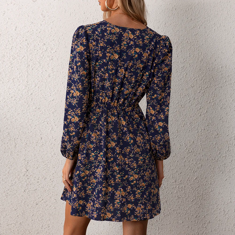 Women's Floral Dress - Long Sleeve - Wrap V-Neck - Elastic Waist - Short Length