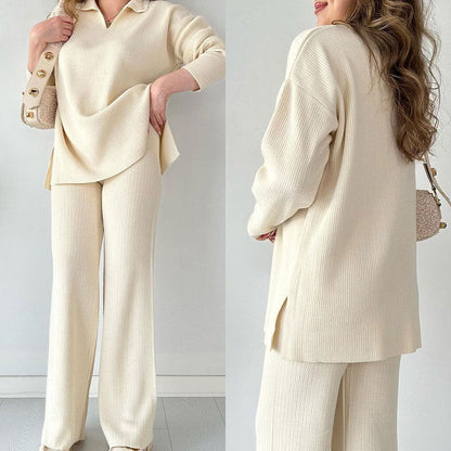 Women's Knitted Loungewear Set - Collared Top & Wide-Leg Pants - Relaxed Fit