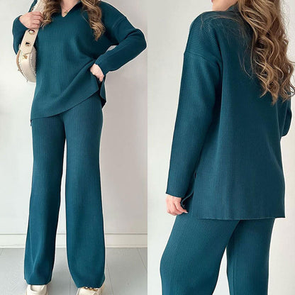 Women's Knitted Loungewear Set - Collared Top & Wide-Leg Pants - Relaxed Fit