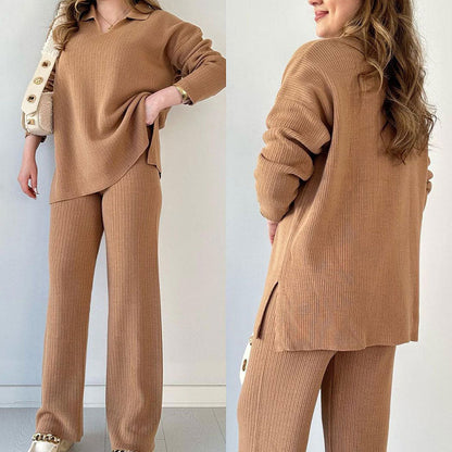 Women's Knitted Loungewear Set - Collared Top & Wide-Leg Pants - Relaxed Fit