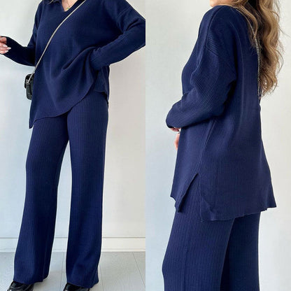 Women's Knitted Loungewear Set - Collared Top & Wide-Leg Pants - Relaxed Fit
