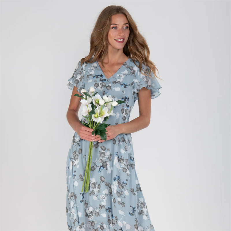 Women's Floral Dress - V-Neck - Short Flutter Sleeves - Knee-Length Flowy Design