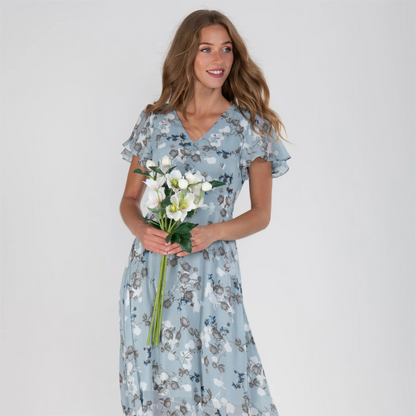 Women's Floral Dress - V-Neck - Short Flutter Sleeves - Knee-Length Flowy Design